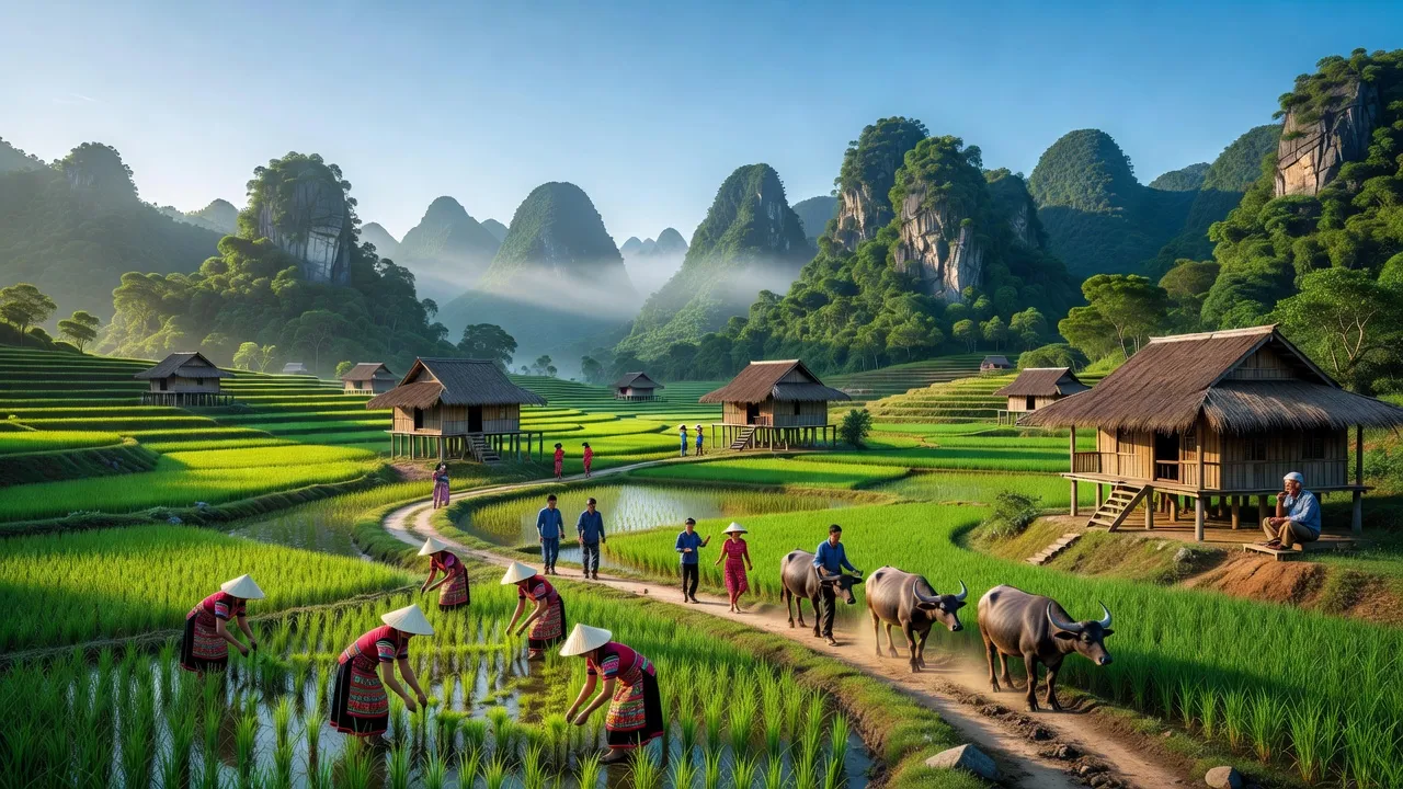 Cảnh đẹp xã Lê Chung, huyện Hoà An, tỉnh Cao Bằng với núi non xanh tươi và nhà truyền thống.