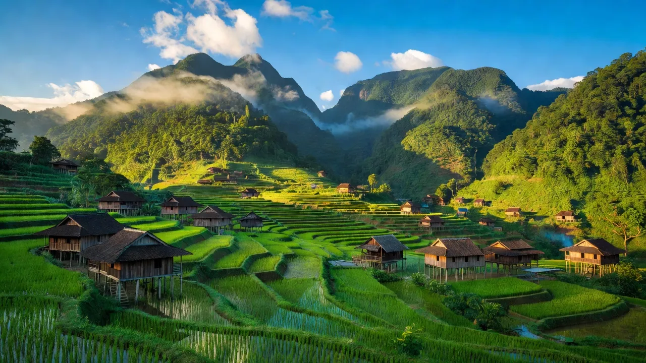 Quang cảnh xã Lê Chung, huyện Hoà An, tỉnh Cao Bằng với núi xanh và ruộng bậc thang.