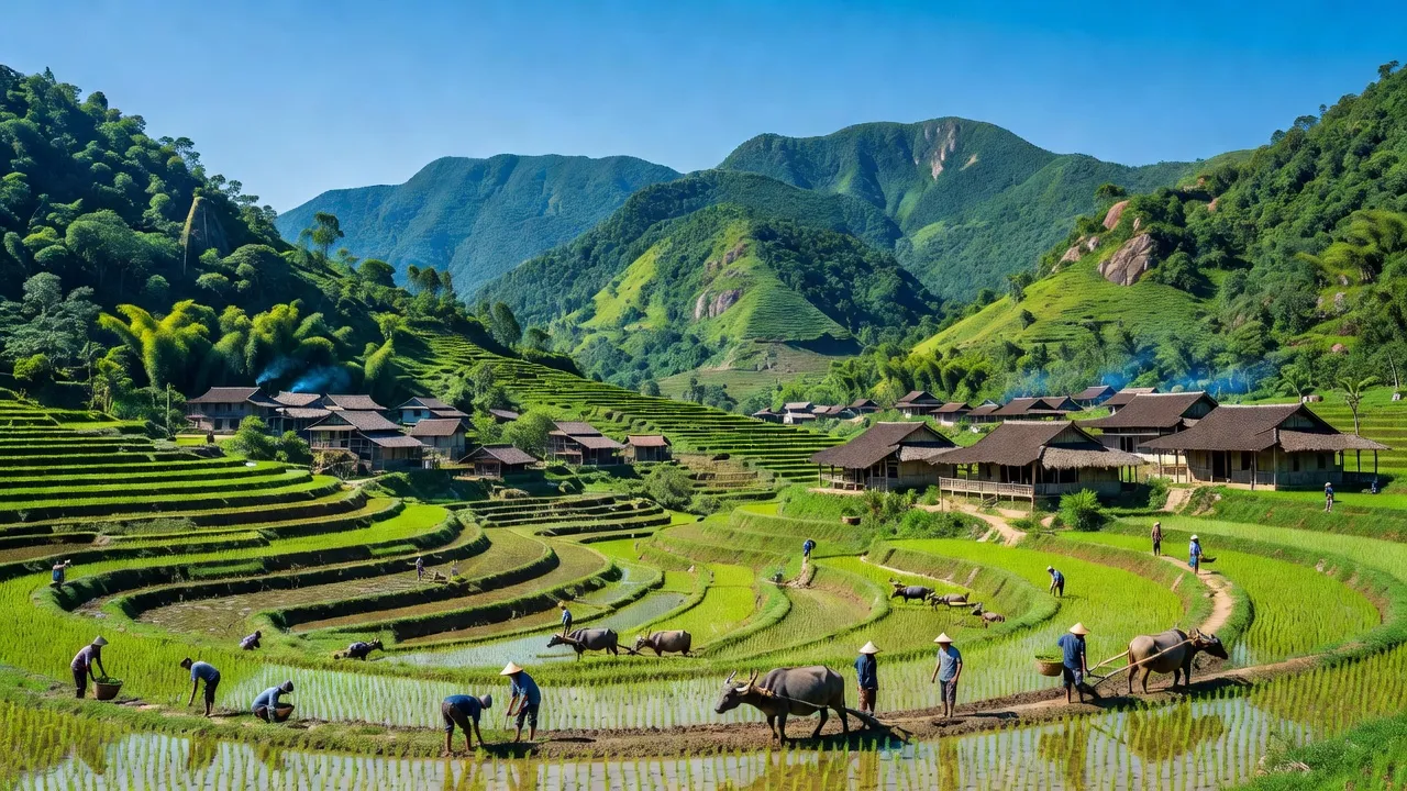 Cảnh làng quê xã Nam Tuấn, huyện Hòa An, Cao Bằng với núi non xanh tươi và ruộng bậc thang.