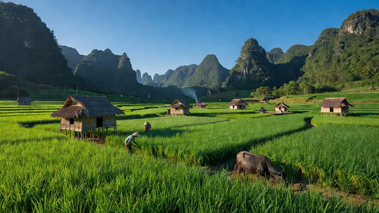Cánh đồng lúa xanh mướt và núi non hùng vĩ tại xã Ngũ Lão, Hòa An, Cao Bằng.