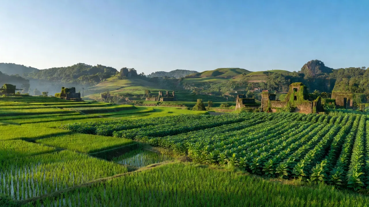 Cảnh quan Xã Ngũ Lão, Huyện Hòa An, có đồng lúa, cây thuốc lá và đồi núi.
