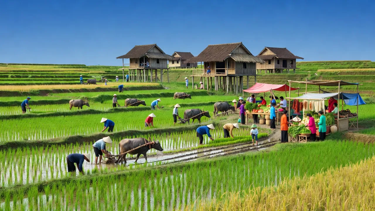Cảnh quan xã Nguyễn Huệ, huyện Hoà An, tỉnh Cao Bằng với cánh đồng và người dân chợ phiên.