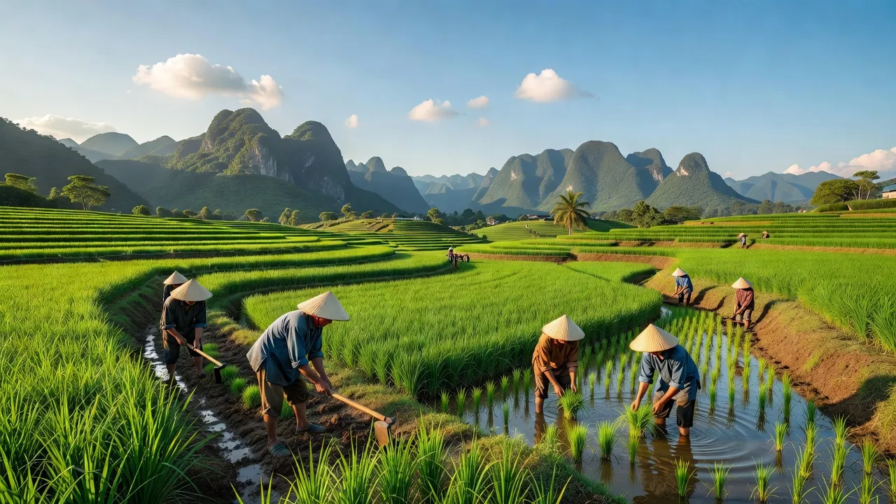 Cảnh sắc xã Nguyễn Huệ, huyện Hoà An, tỉnh Cao Bằng với ruộng lúa xanh tươi và núi non hùng vĩ.
