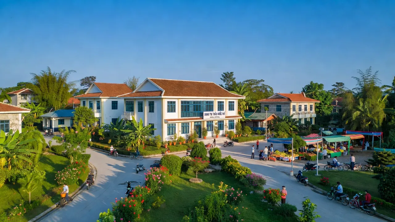 Khung cảnh thị trấn Nước Hai, huyện Hoà An, tỉnh Cao Bằng với cây xanh và trời trong xanh.