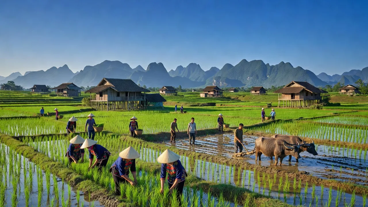 Khung cảnh làng Quang Trung, huyện Hoà An, tỉnh Cao Bằng với đồng xanh và núi non hùng vĩ.