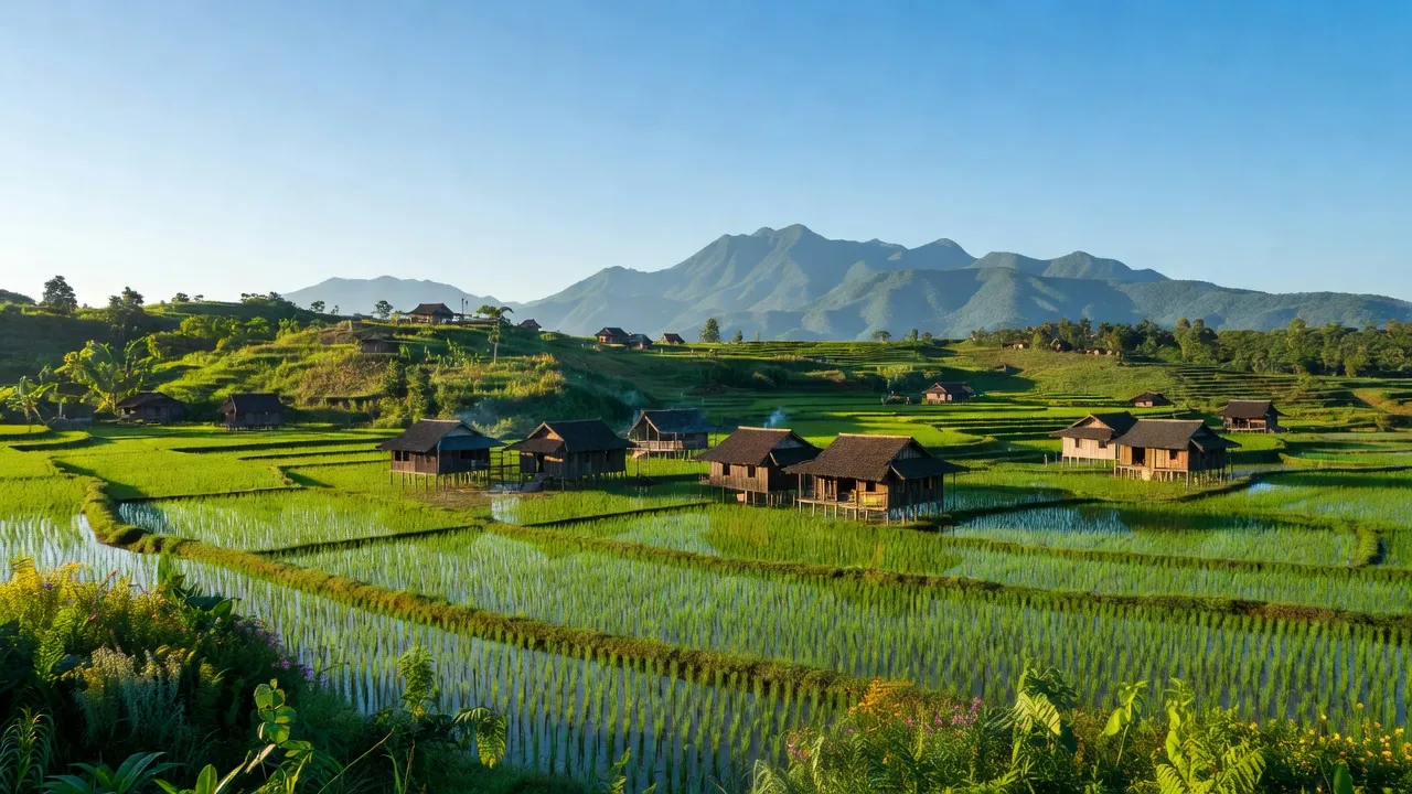 Khung cảnh Xã Quang Trung, Huyện Hoà An, Tỉnh Cao Bằng với bầu trời xanh và ruộng xanh.