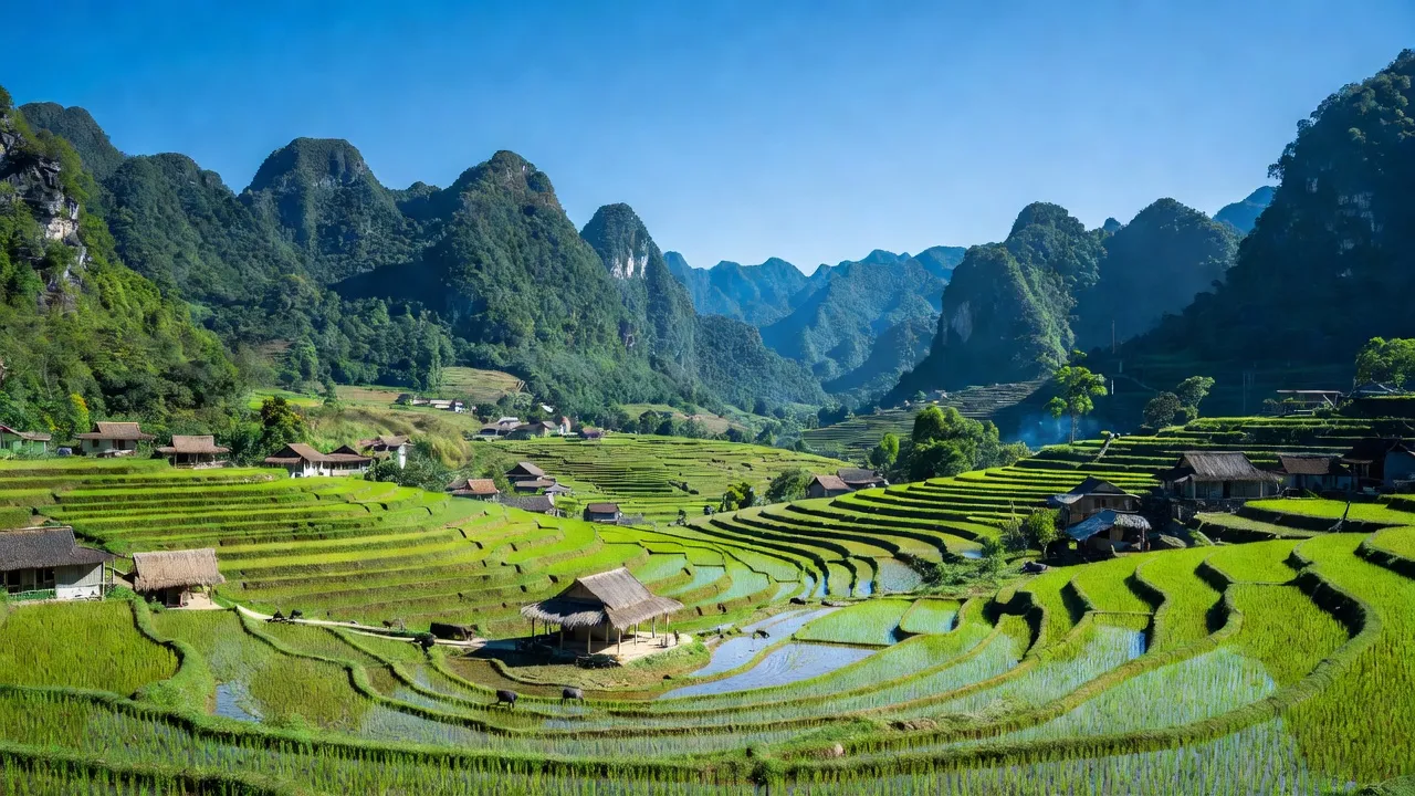 Huyện Nguyên Bình, Cao Bằng với cảnh thiên nhiên tuyệt đẹp, núi non và cánh đồng xanh tươi.