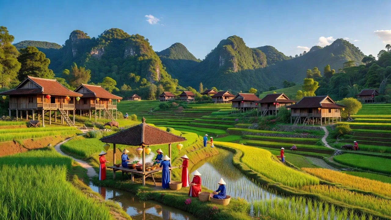 Khung cảnh huyện Nguyên Bình, tỉnh Cao Bằng, với núi non, làng quê và bầu trời trong xanh.
