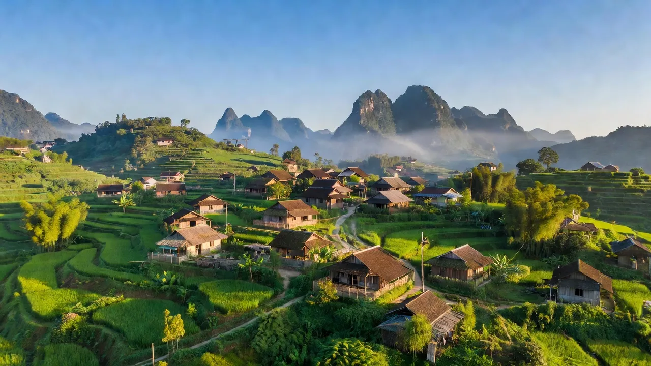 Khung cảnh xã Ca Thành, huyện Nguyên Bình, tỉnh Cao Bằng với núi non và nhà truyền thống.