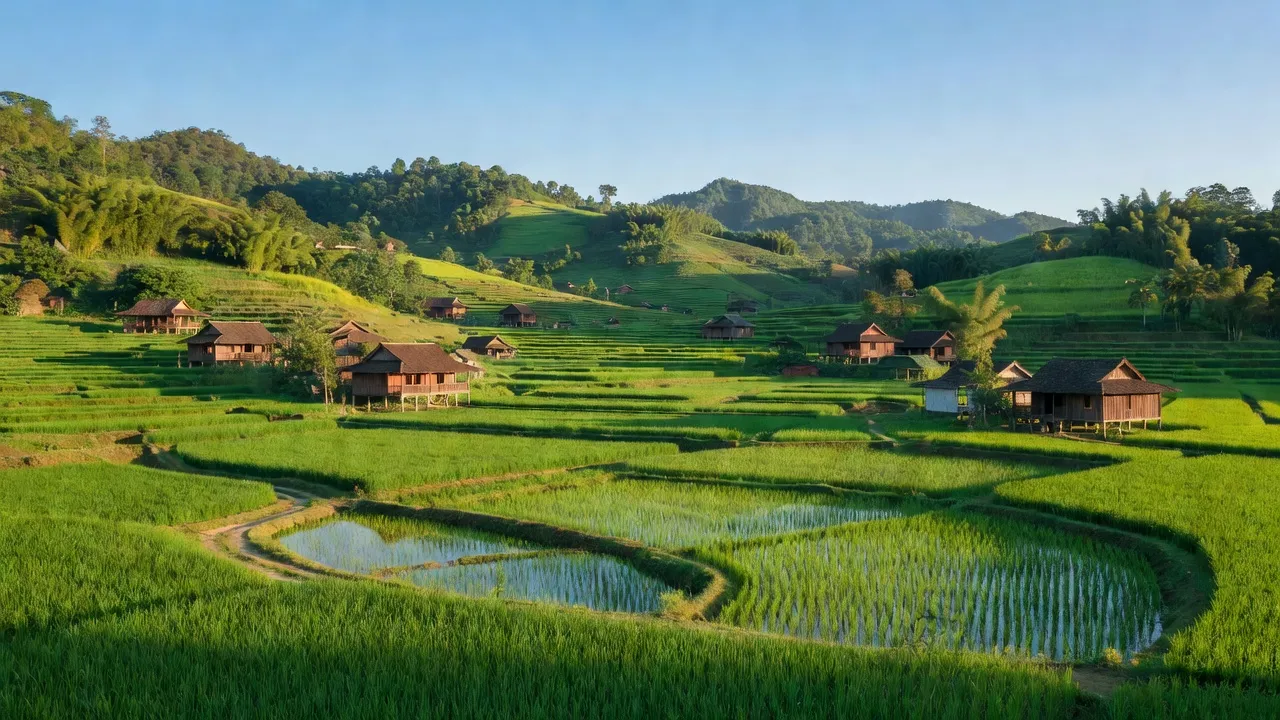 Hoa Thám, huyện Nguyên Bình, Cao Bằng với cánh đồng xanh và nhà gỗ truyền thống, Việt Nam.