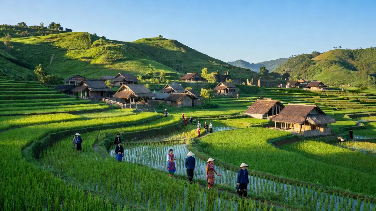 Cảnh quan bình yên tại xã Hưng Đạo, huyện Nguyên Bình, tỉnh Cao Bằng với nhà và ruộng xanh.