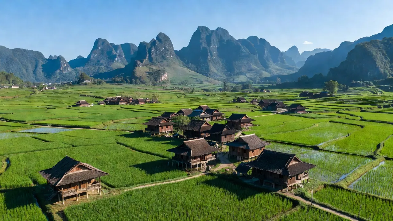 Cảnh quan Xã Hưng Đạo, huyện Nguyên Bình, tỉnh Cao Bằng, với đồng ruộng xanh và nhà truyền thống.