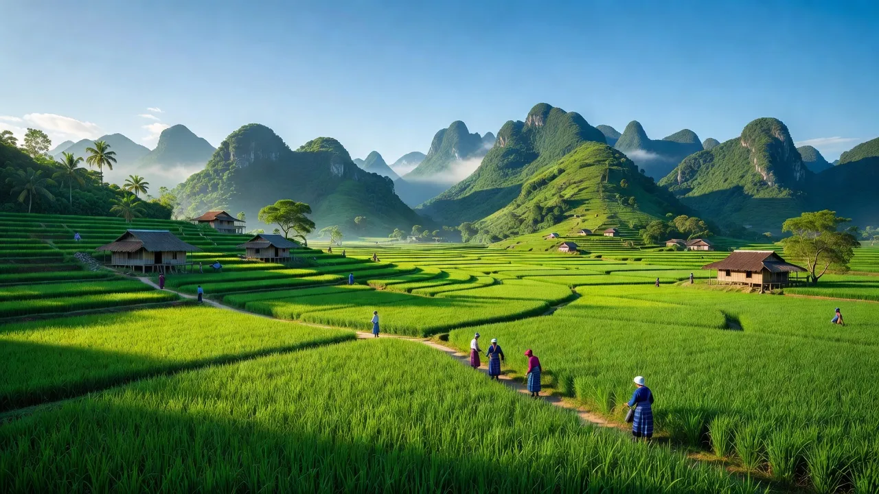 Phong cảnh xã Mai Long ở huyện Nguyên Bình, tỉnh Cao Bằng với đồi núi và cánh đồng xanh.