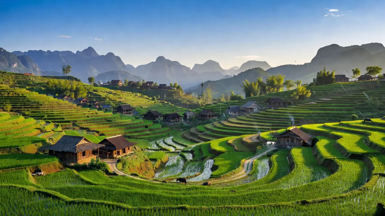 Khung cảnh xã Minh Tâm huyện Nguyên Bình, tỉnh Cao Bằng với cánh đồng xanh và nhà gỗ truyền thống.