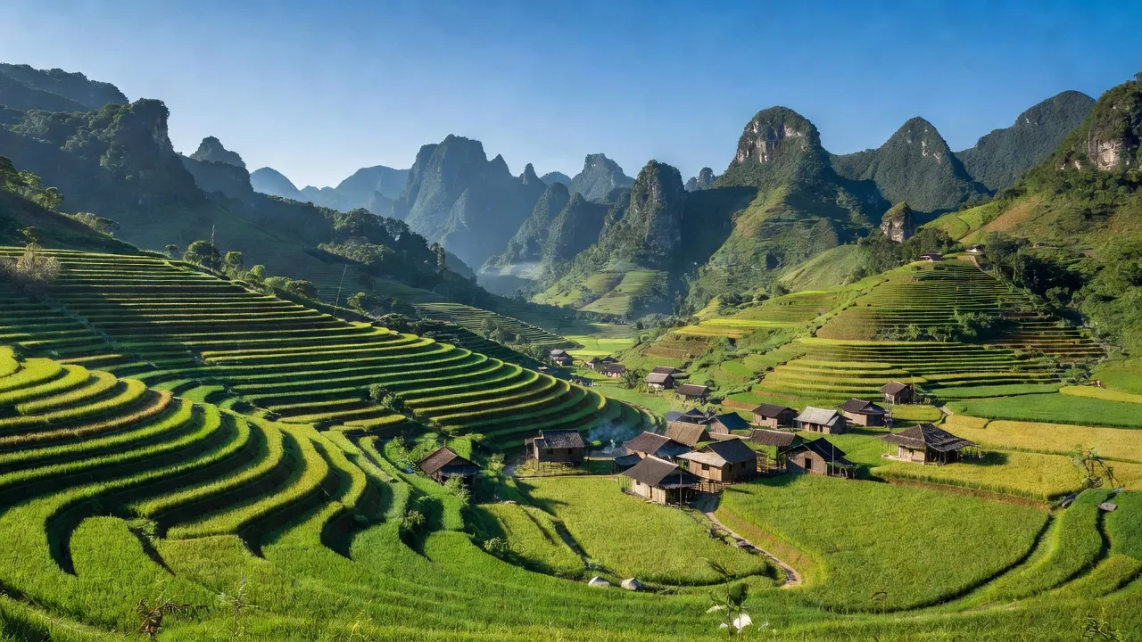 Phong cảnh xã Minh Tâm, huyện Nguyên Bình, tỉnh Cao Bằng với ruộng, núi và bầu trời xanh.