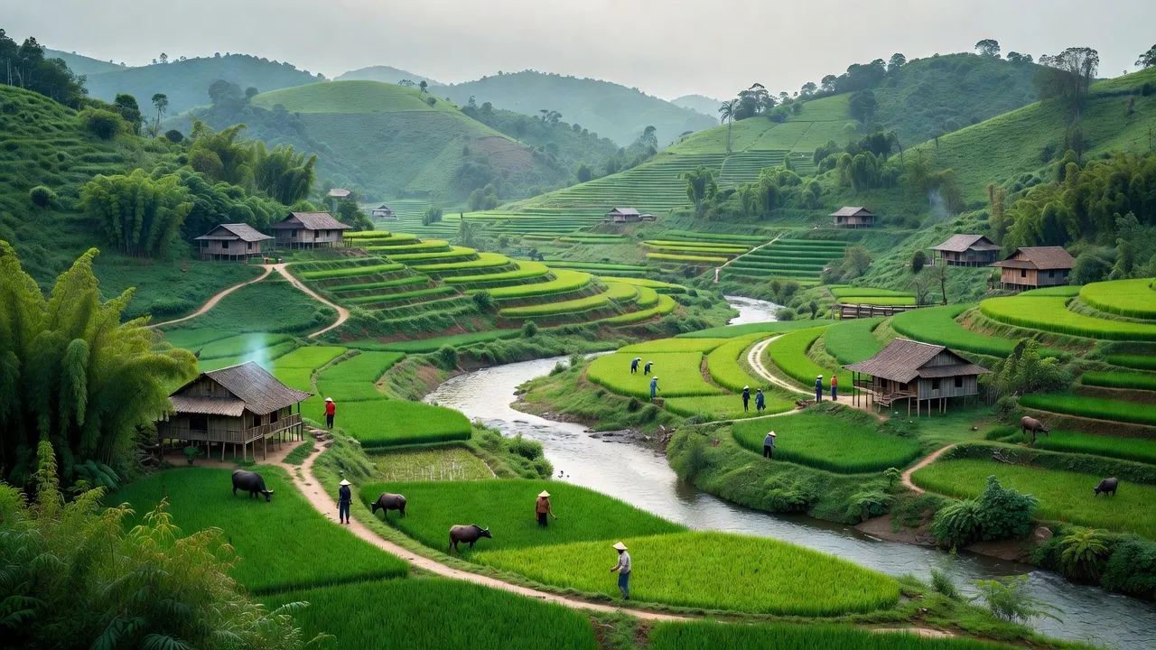Khung cảnh Quang Thành, Nguyên Bình, Cao Bằng với đồi núi xanh tươi và đời sống nông thôn.