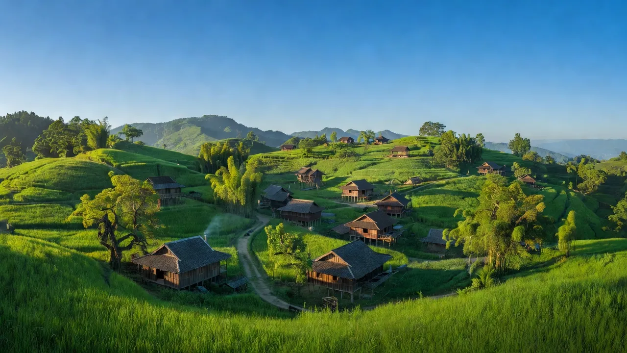 Quang Thành village in Nguyên Bình, Cao Bằng with green hills and traditional houses.