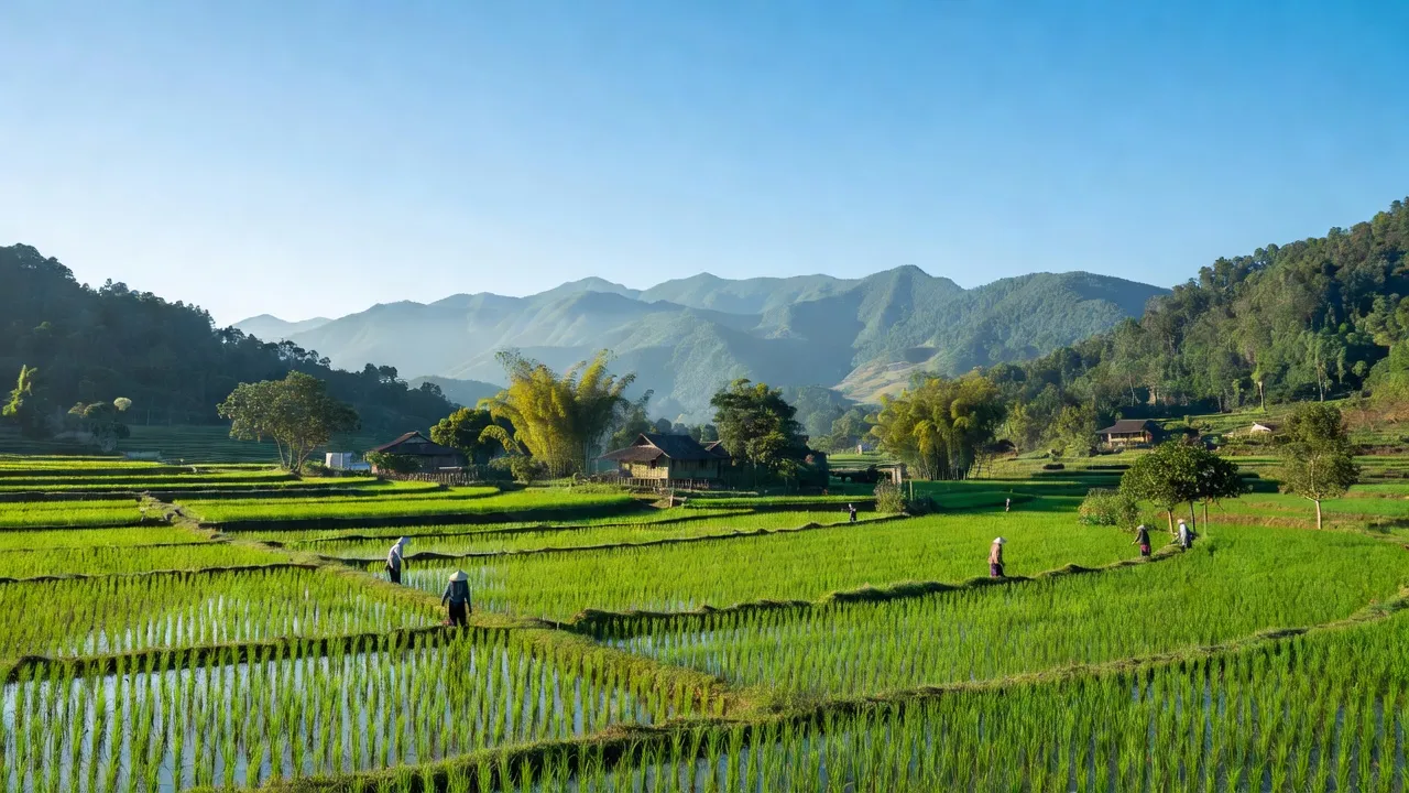 Phong cảnh yên bình xã Tam Kim, huyện Nguyên Bình, tỉnh Cao Bằng với cánh đồng và núi xa.