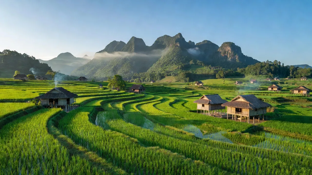 Cảnh đẹp xã Thể Dục, huyện Nguyên Bình, tỉnh Cao Bằng với ruộng bậc thang và nhà truyền thống.
