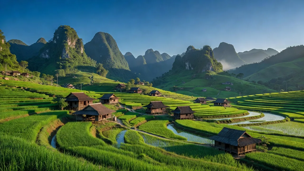 Một cảnh đẹp ở xã Thể Dục, huyện Nguyên Bình, tỉnh Cao Bằng với núi non và đồng ruộng.