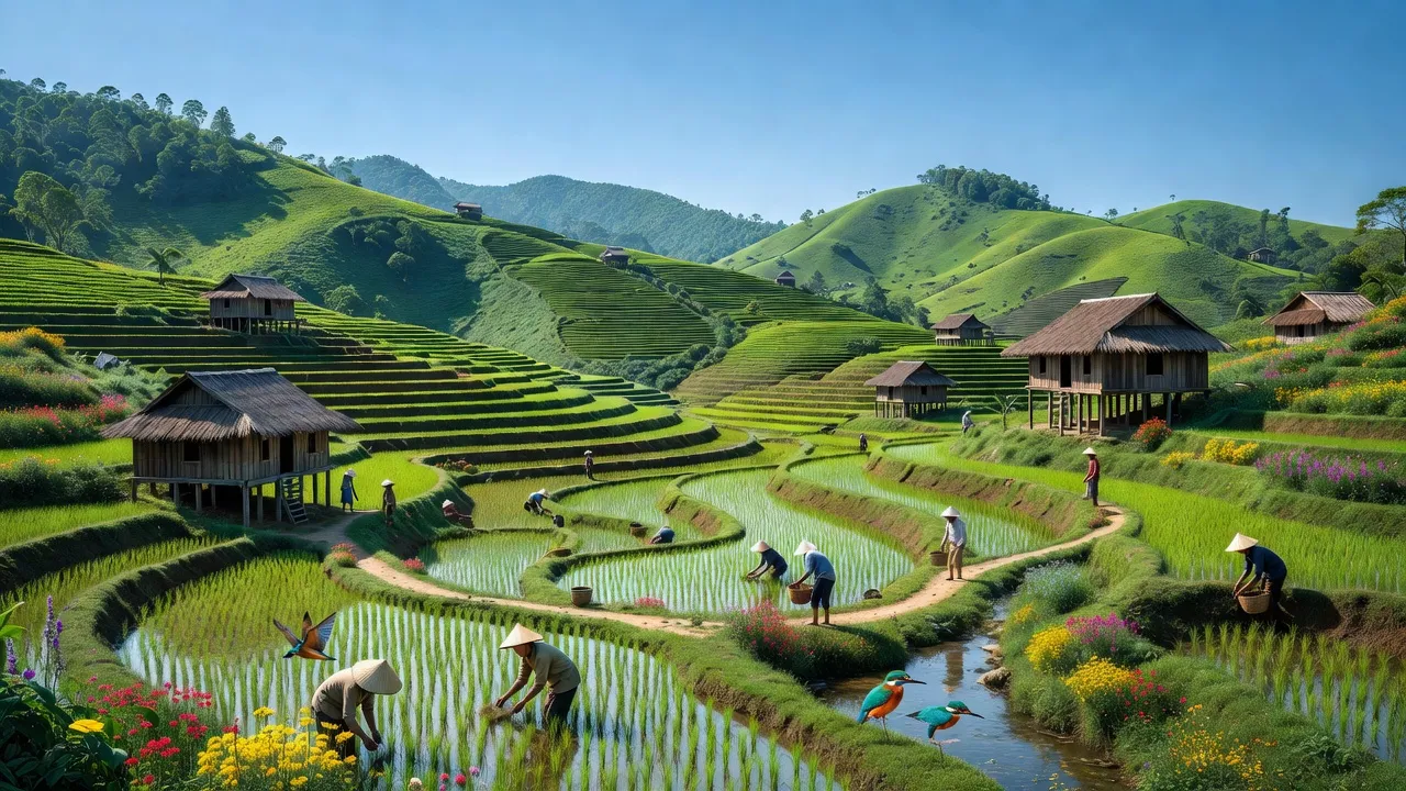 Xã Thịnh Vượng, huyện Nguyên Bình, tỉnh Cao Bằng với cảnh quan xanh tươi và ruộng bậc thang.