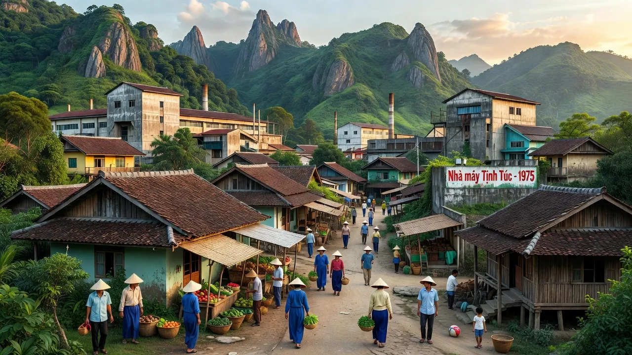 Khung cảnh thị trấn Tĩnh Túc, Nguyên Bình, Cao Bằng với kiến trúc công nghiệp và thiên nhiên xanh tươi.