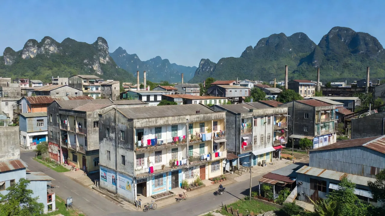 Thị trấn Tĩnh Túc, huyện Nguyên Bình, tỉnh Cao Bằng, với kiến trúc nhà tập thể từ thập niên 70.