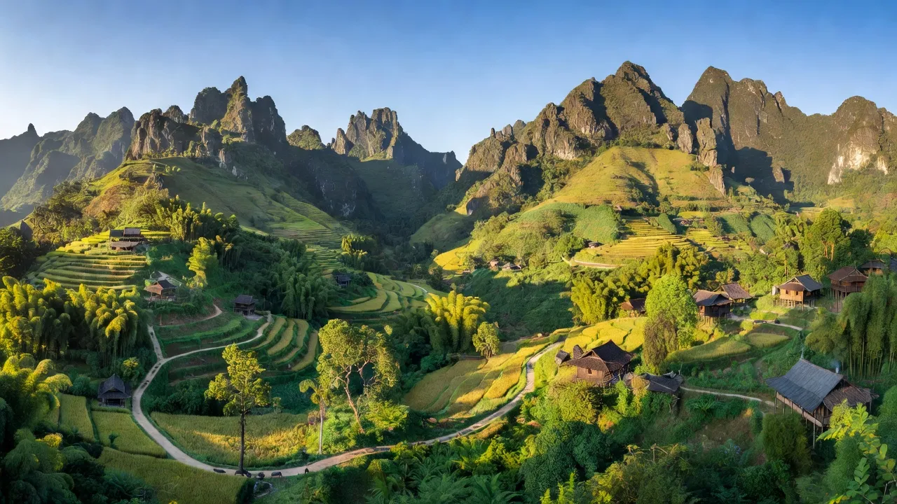 Khung cảnh đẹp ở Xã Triệu Nguyên, Huyện Nguyên Bình, tỉnh Cao Bằng với núi non và thung lũng.