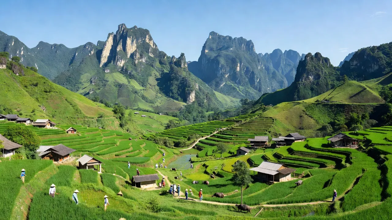Khung cảnh núi rừng xã Triệu Nguyên, huyện Nguyên Bình, Cao Bằng với thung lũng và cuộc sống nông thôn.
