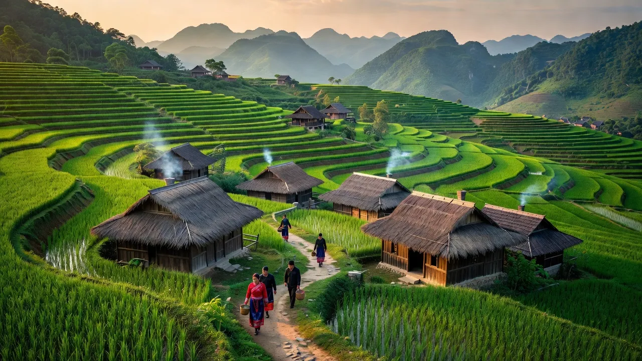 Cảnh đẹp xã Vũ Minh, huyện Nguyên Bình, tỉnh Cao Bằng với đồi núi xanh mướt và nhà dân tộc Dao Đỏ.