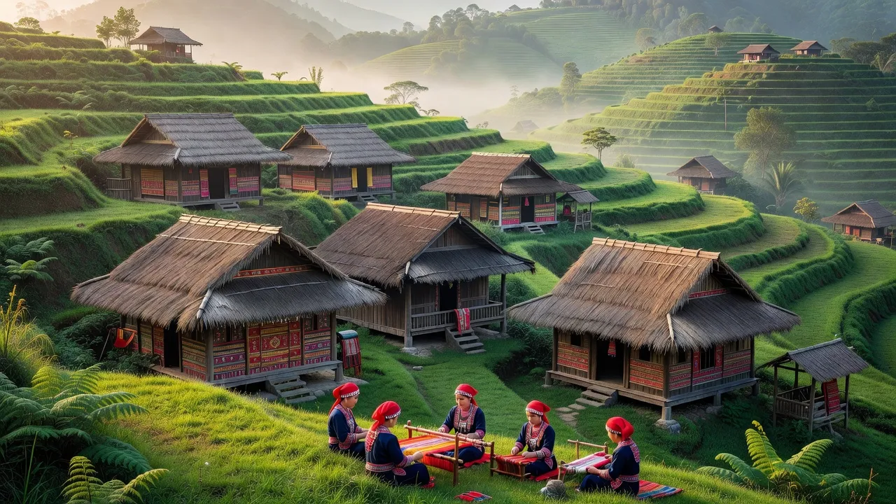 Cảnh đẹp xã Vũ Minh, huyện Nguyên Bình, tỉnh Cao Bằng với đồi núi xanh tươi và nhà văn hóa.