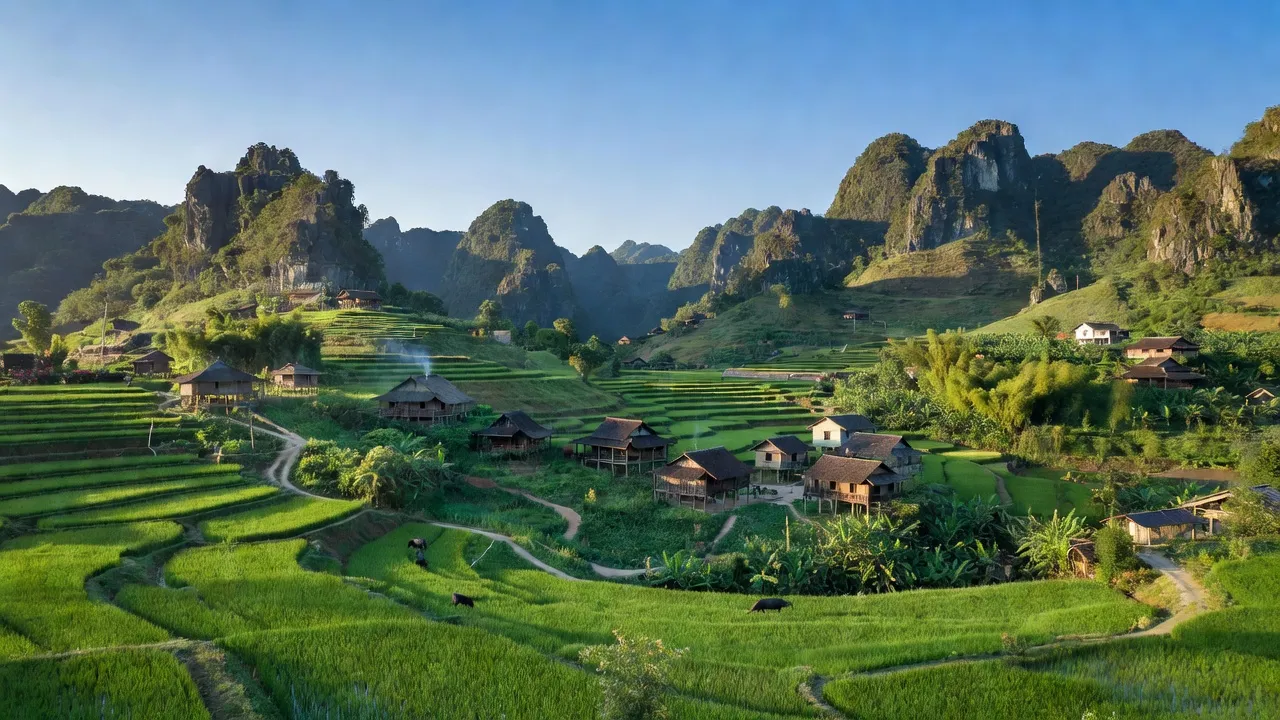 Khung cảnh núi đá và cánh đồng xanh ở xã Vũ Nông, huyện Nguyên Bình, tỉnh Cao Bằng.