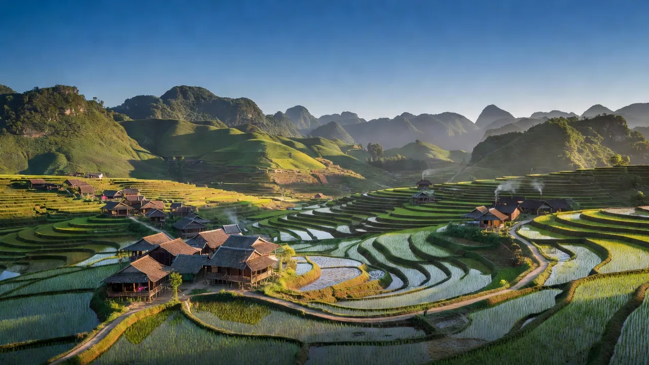 Cảnh quan xã Yên Lạc, huyện Nguyên Bình, tỉnh Cao Bằng với đồi núi và nhà truyền thống.