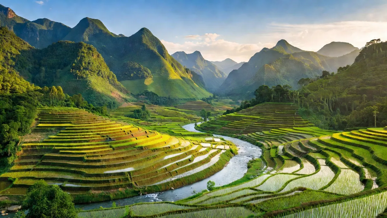 Huyện Quảng Hòa, tỉnh Cao Bằng với cảnh quan thiên nhiên tươi đẹp, núi non và ruộng bậc thang.