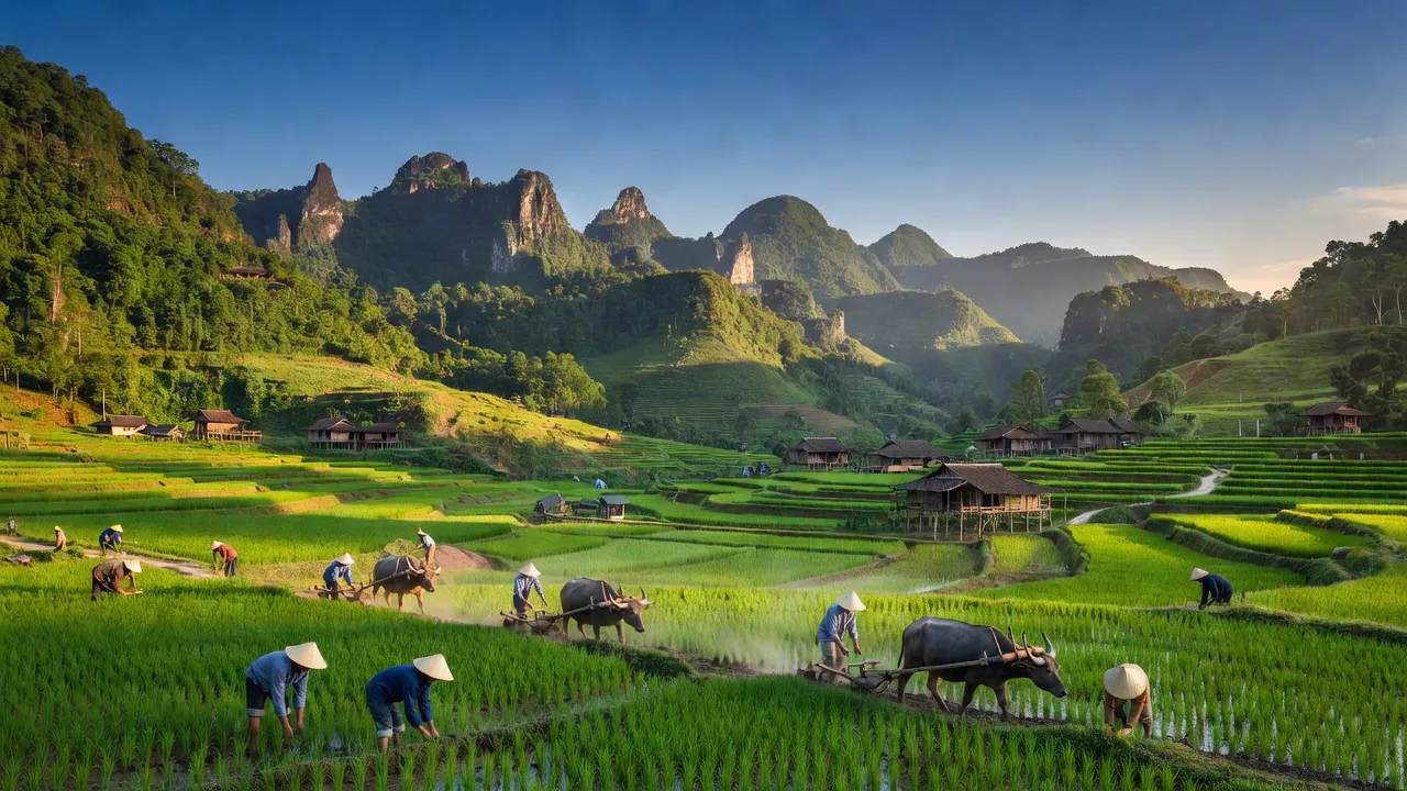 Cảnh quan xã Bế Văn Đàn, huyện Quảng Hòa với đất đai màu mỡ và dãy núi xanh tươi.