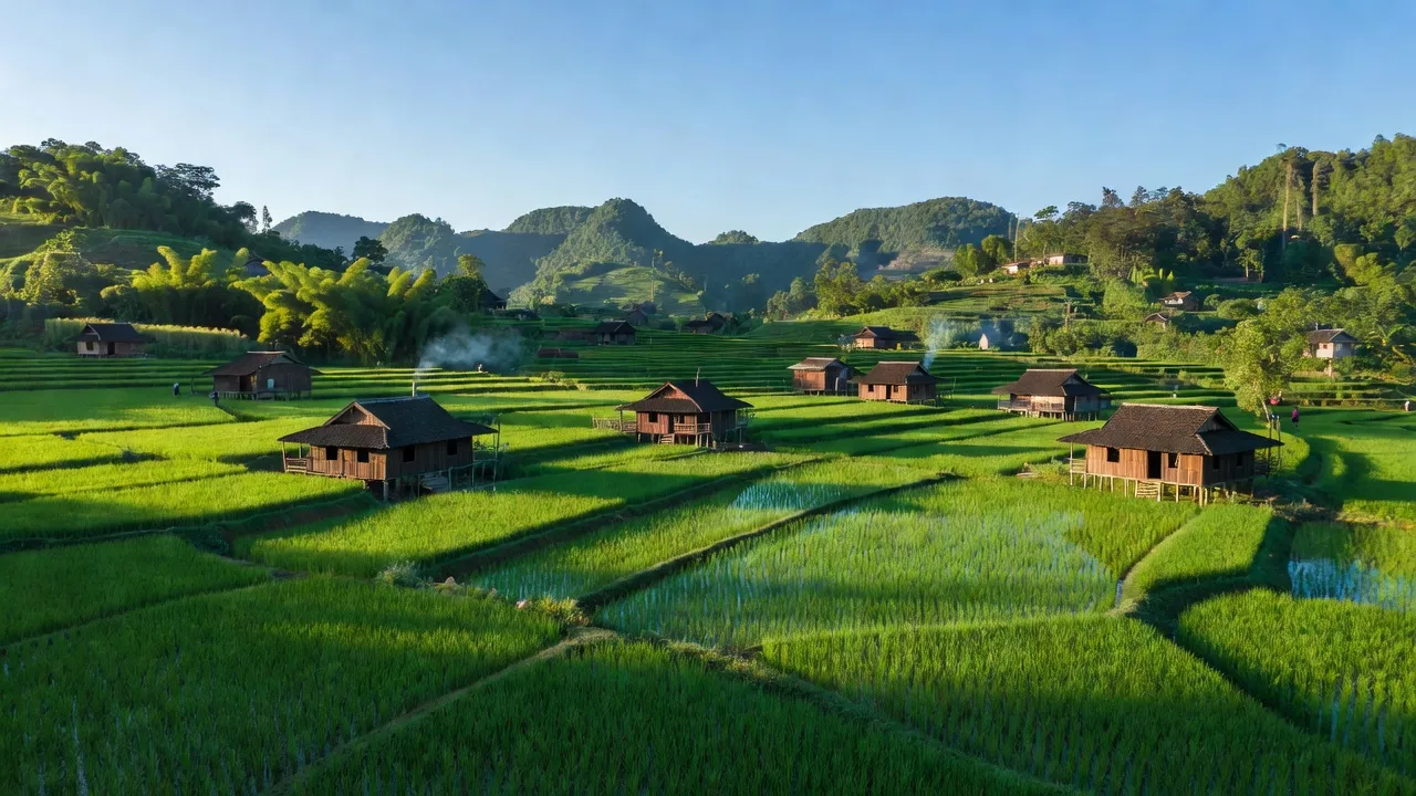 Khung cảnh thanh bình Xã Chí Thảo, huyện Quảng Hòa, tỉnh Cao Bằng với cánh đồng xanh.