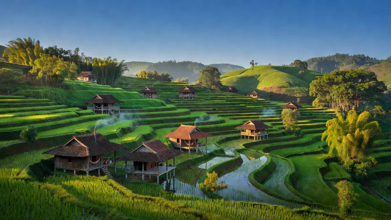 Khung cảnh Xã Chí Thảo, huyện Quảng Hòa, tỉnh Cao Bằng, với thiên nhiên xanh tươi và nhà truyền thống.