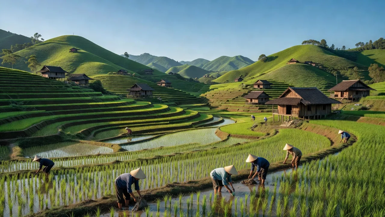 Khung cảnh yên bình tại xã Đại Sơn, huyện Quảng Hòa, tỉnh Cao Bằng với cánh đồng xanh.