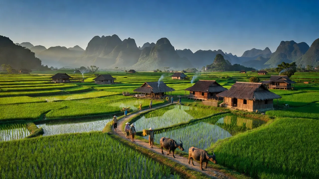 Khung cảnh yên bình xã Đại Sơn, huyện Quảng Hòa, Cao Bằng với cánh đồng xanh và núi xa.