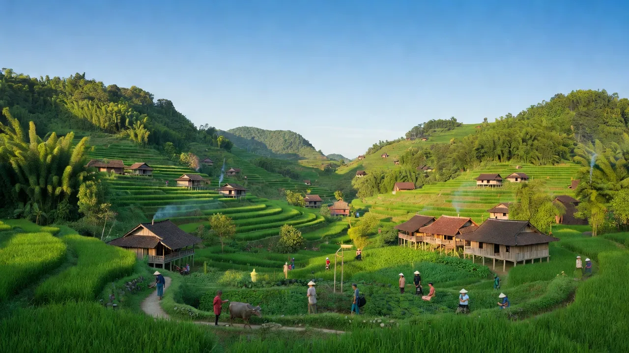 Khung cảnh yên bình xã Độc Lập ở huyện Quảng Hòa, tỉnh Cao Bằng với đồi núi và nhà truyền thống.