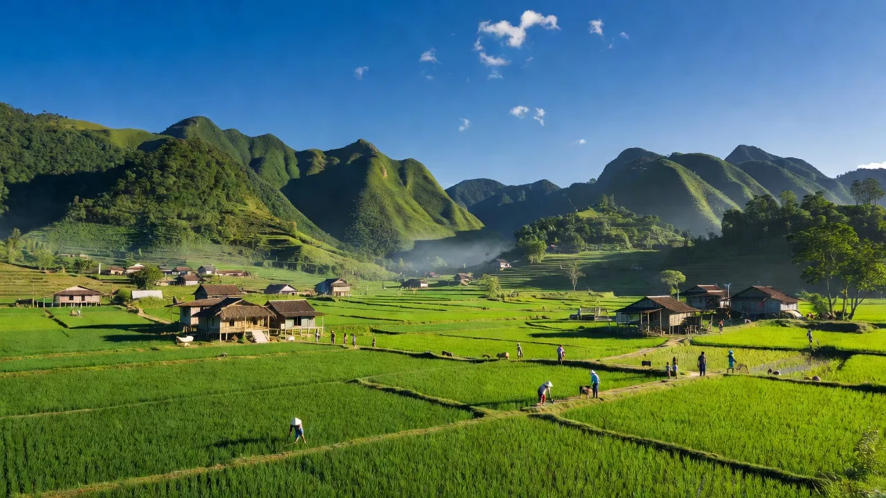Khung cảnh thiên nhiên xã Hạnh Phúc, huyện Quảng Hòa, tỉnh Cao Bằng, dân cư và phong cảnh núi non.