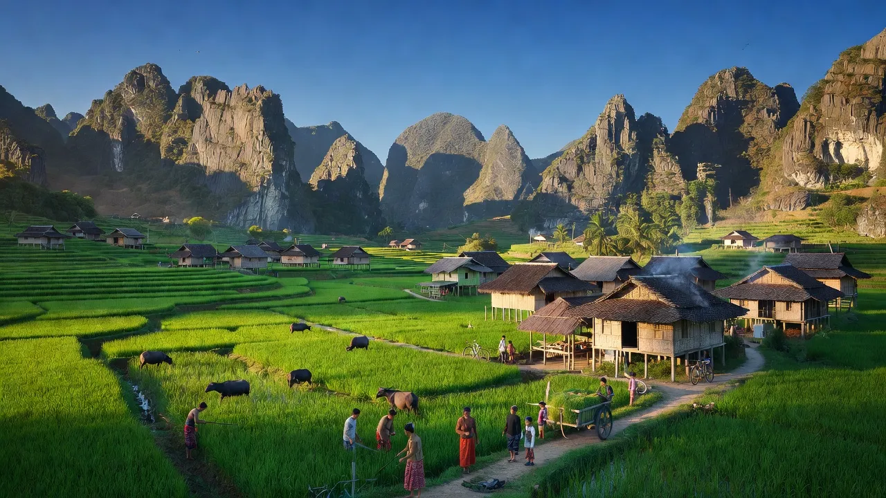 Khung cảnh thị trấn Hoà Thuận, Quảng Hòa, Cao Bằng với núi đá vôi và cánh đồng xanh tươi.