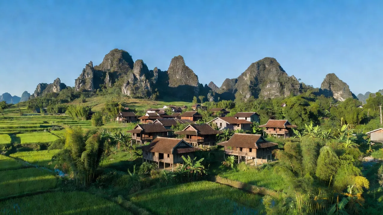 Thị trấn Hoà Thuận, huyện Quảng Hòa, tỉnh Cao Bằng với phong cảnh núi đá vôi và nhà cửa truyền thống.