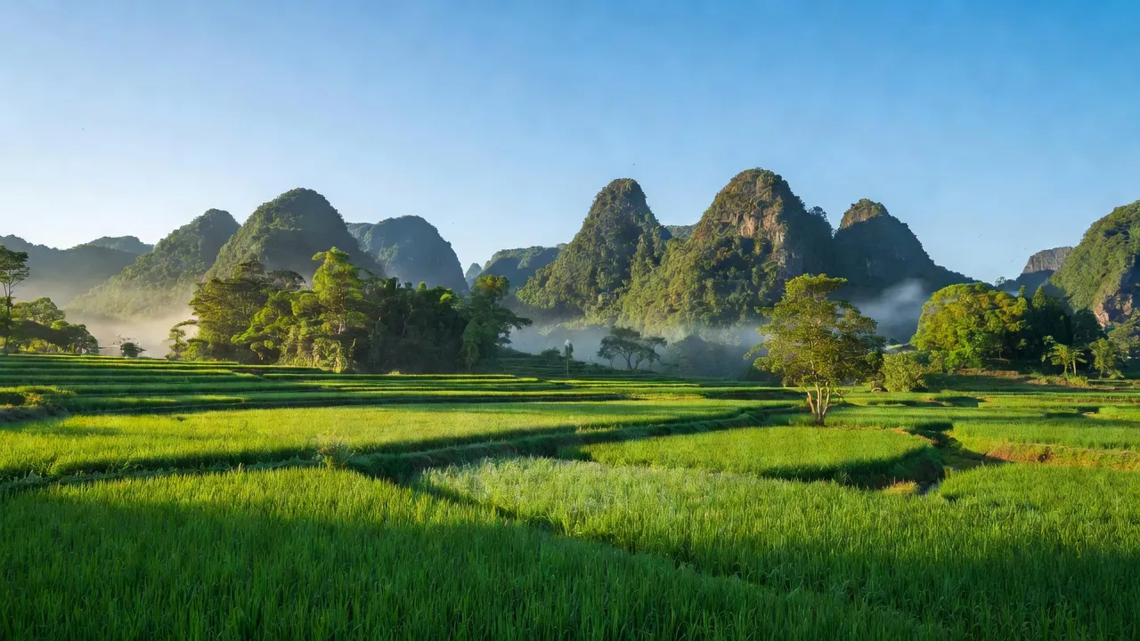 Cảnh đẹp xã Hồng Quang, Quảng Hòa, Cao Bằng với ruộng xanh và núi cao, trời trong xanh.