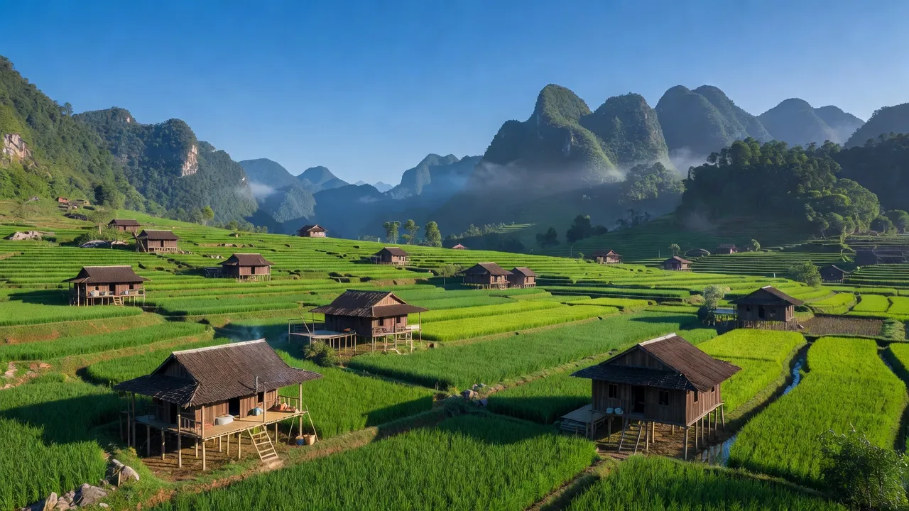 Cảnh sắc xã Mỹ Hưng, Quảng Hòa, Cao Bằng với đồng ruộng xanh tươi và núi non hùng vĩ.
