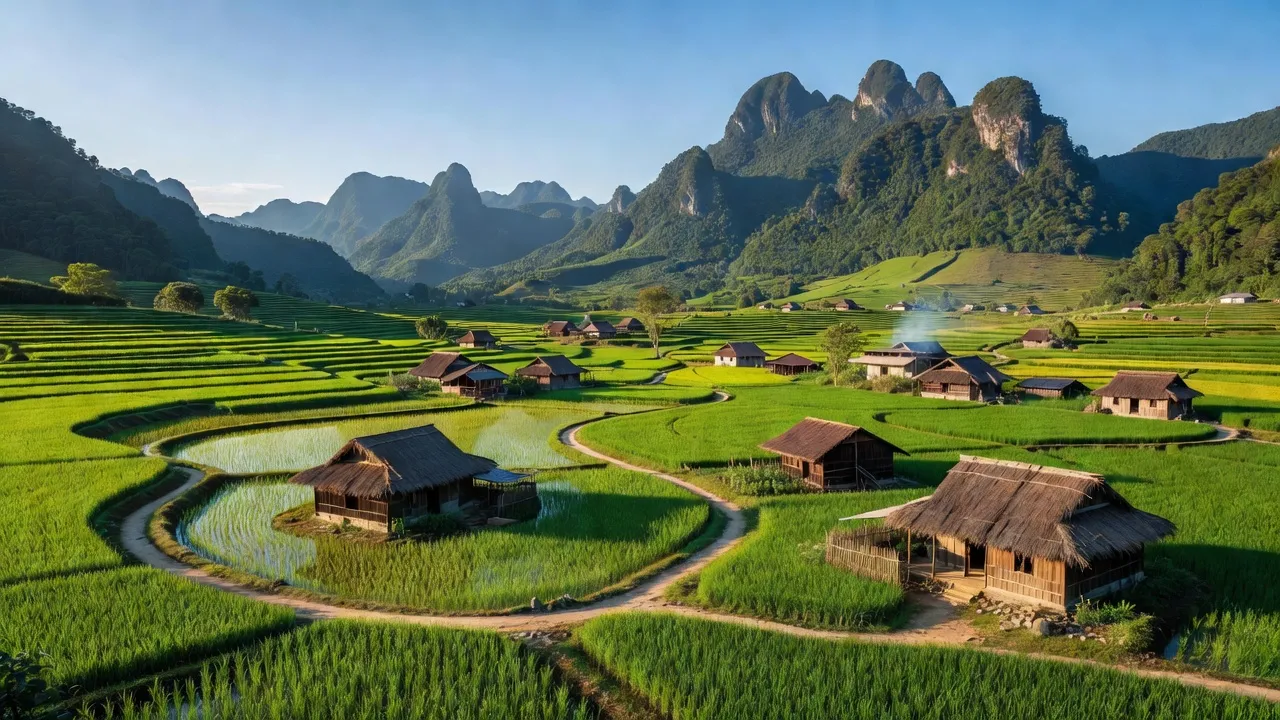 Khung cảnh xanh tươi xã Ngọc Động, huyện Quảng Hòa, Cao Bằng với đồng lúa và nhà truyền thống.