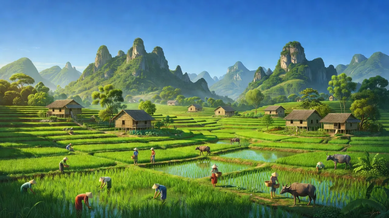 Khung cảnh yên bình tại xã Ngọc Động, Quảng Hòa, Cao Bằng với đồng ruộng và núi.