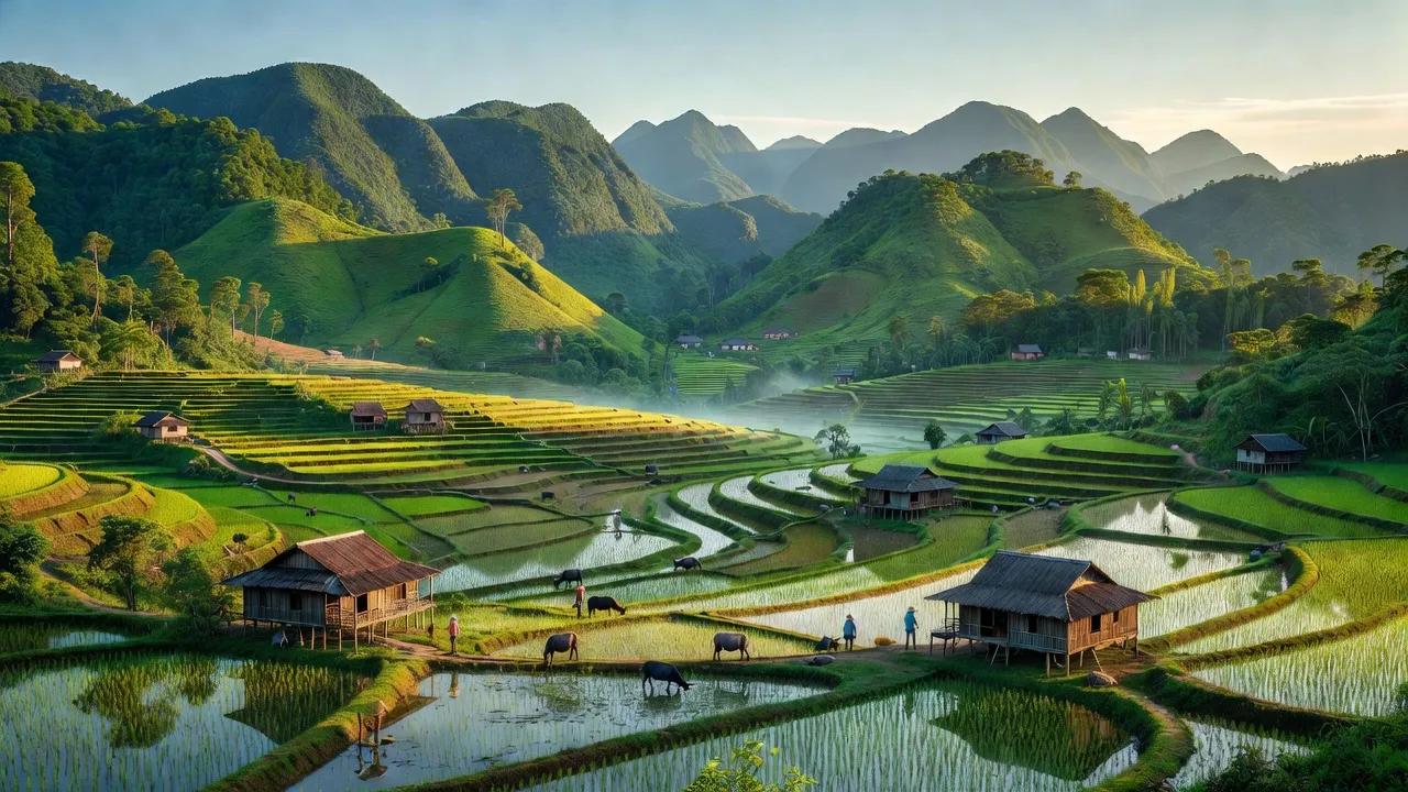 Xã Phi Hải, huyện Quảng Hòa, Cao Bằng, với cảnh thiên nhiên đồi núi và cuộc sống nông thôn.