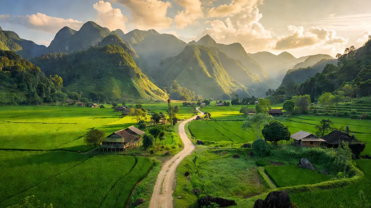 Cảnh đẹp xã Phúc Sen, huyện Quảng Hòa, Cao Bằng với núi xanh và cánh đồng rộng lớn.