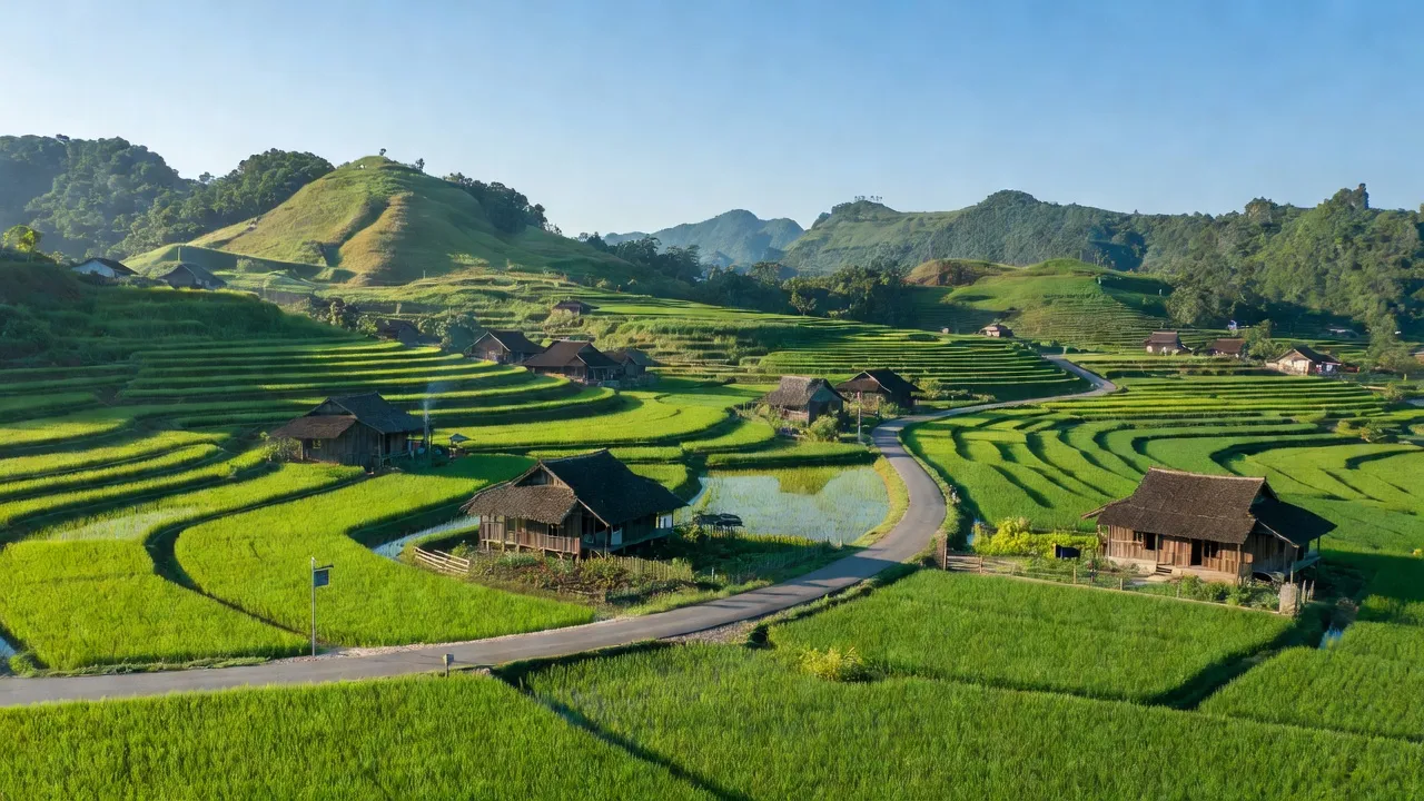 Khung cảnh yên bình xã Phúc Sen, huyện Quảng Hòa, tỉnh Cao Bằng với cánh đồng xanh và đường Quốc lộ 3.